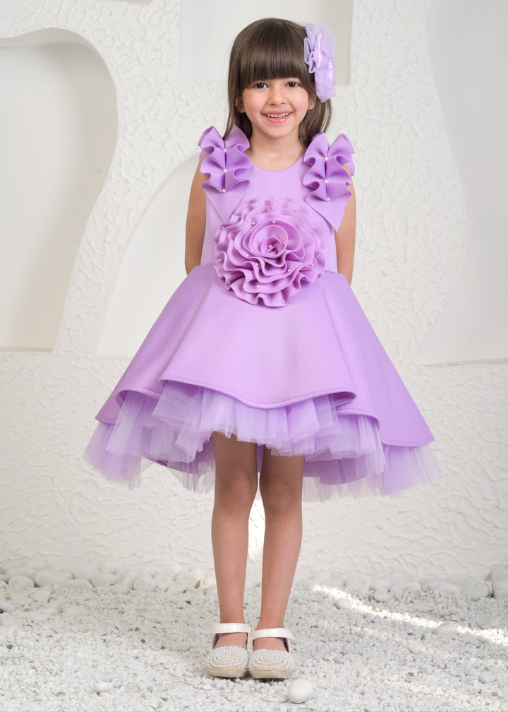 Lavender Satin Net High Low Flower Dress