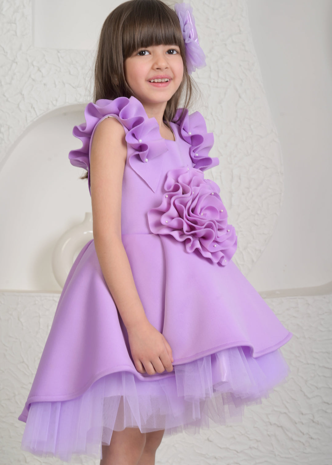 Lavender Satin Net High Low Flower Dress