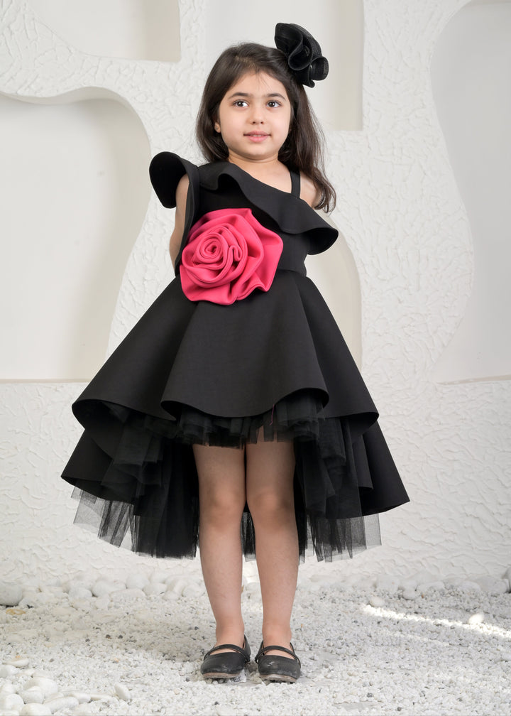 Black Roseate Satin Net High Low Ruffle Dress