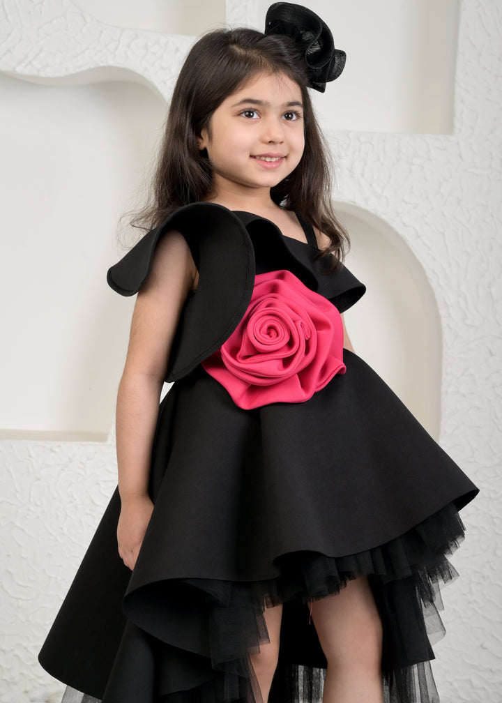Black Roseate Satin Net High Low Ruffle Dress