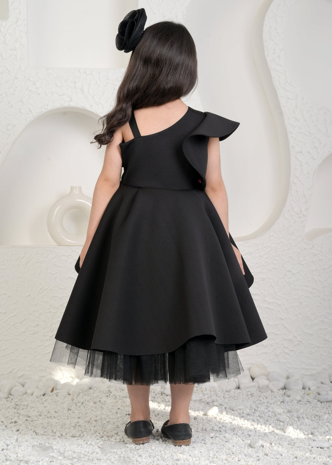Black Roseate Satin Net High Low Ruffle Dress
