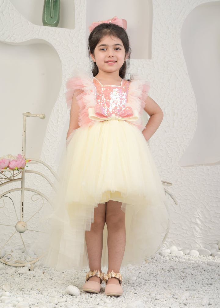 Off White Net Sequins Bow High Low Dress
