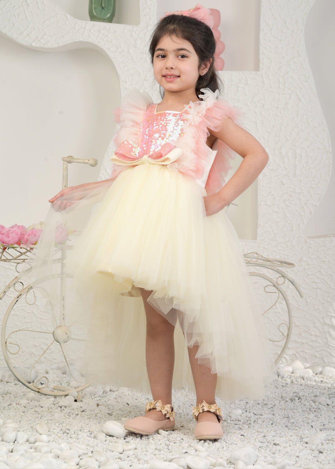 Off White Net Sequins Bow High Low Dress