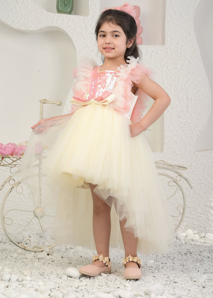 Off White Net Sequins Bow High Low Dress