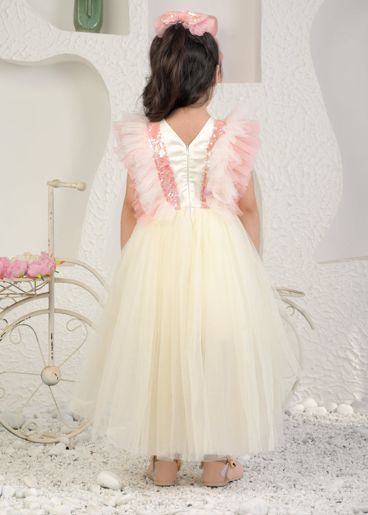 Off White Net Sequins Bow High Low Dress