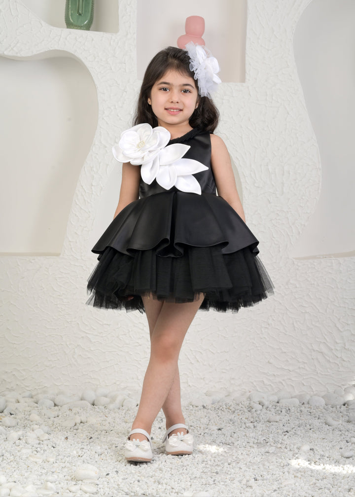 Black Satin Net Classic Flower Tulle Dress