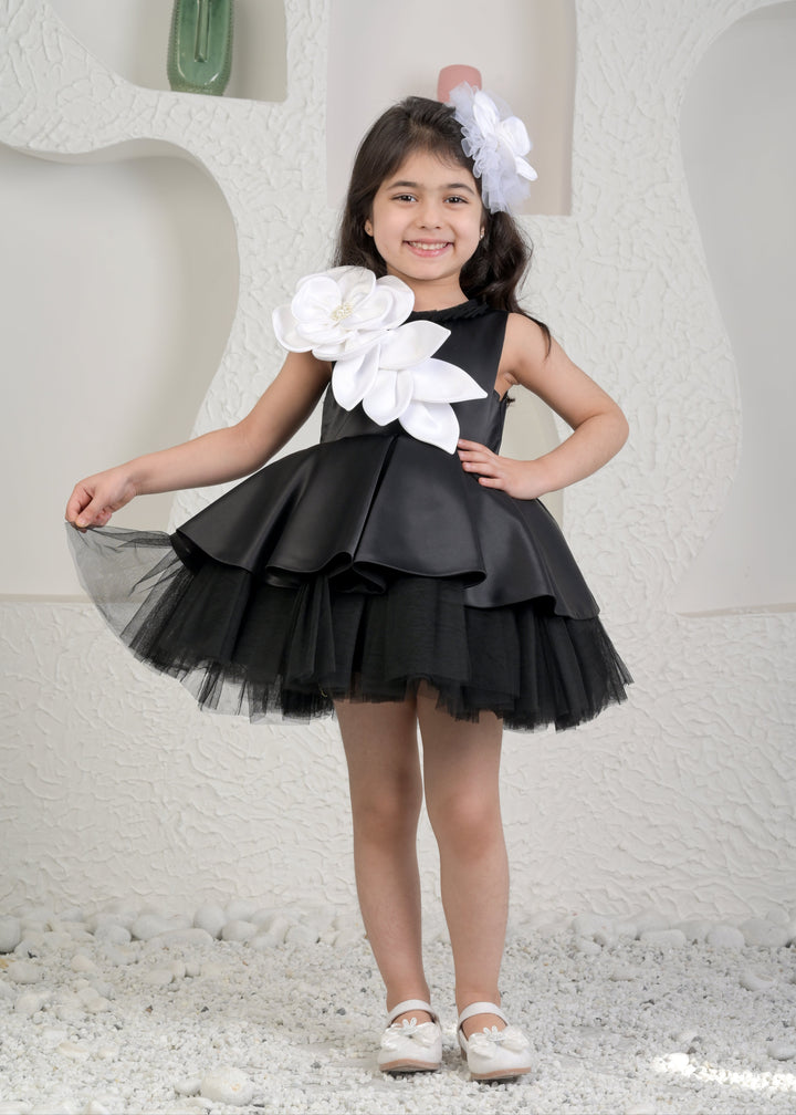 Black Satin Net Classic Flower Tulle Dress