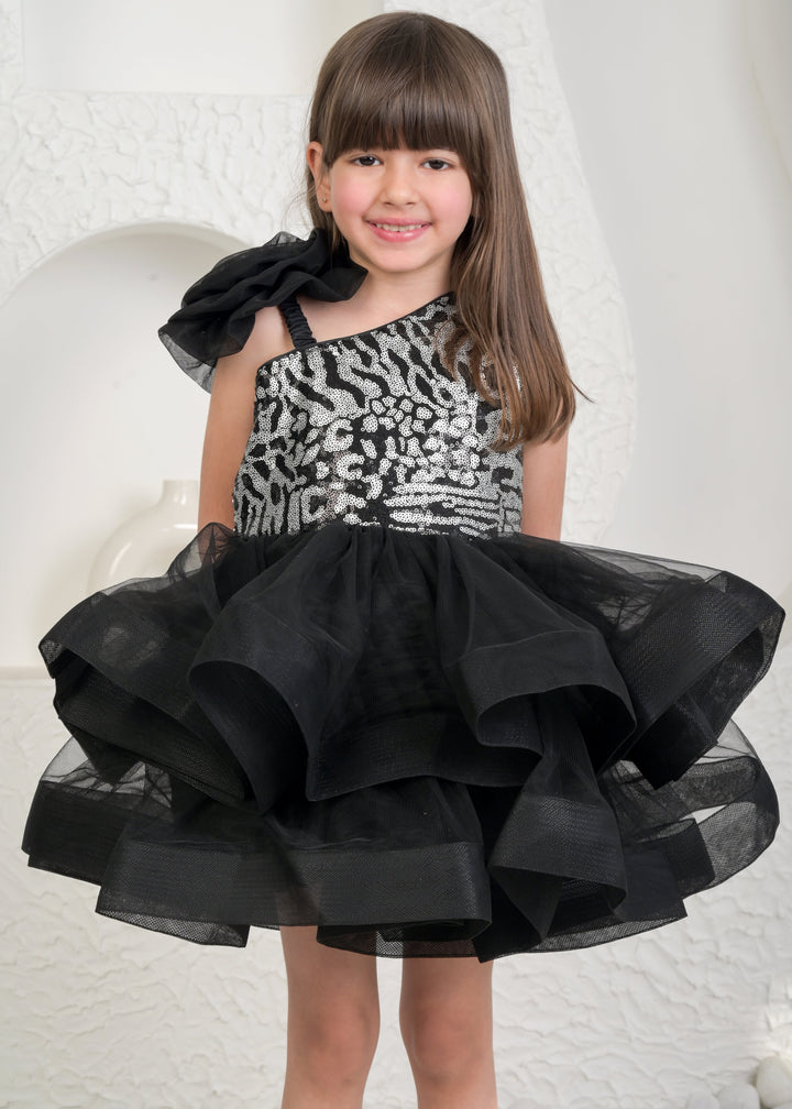 Evelyn Black Sequins One Shoulder Ruffle Dress