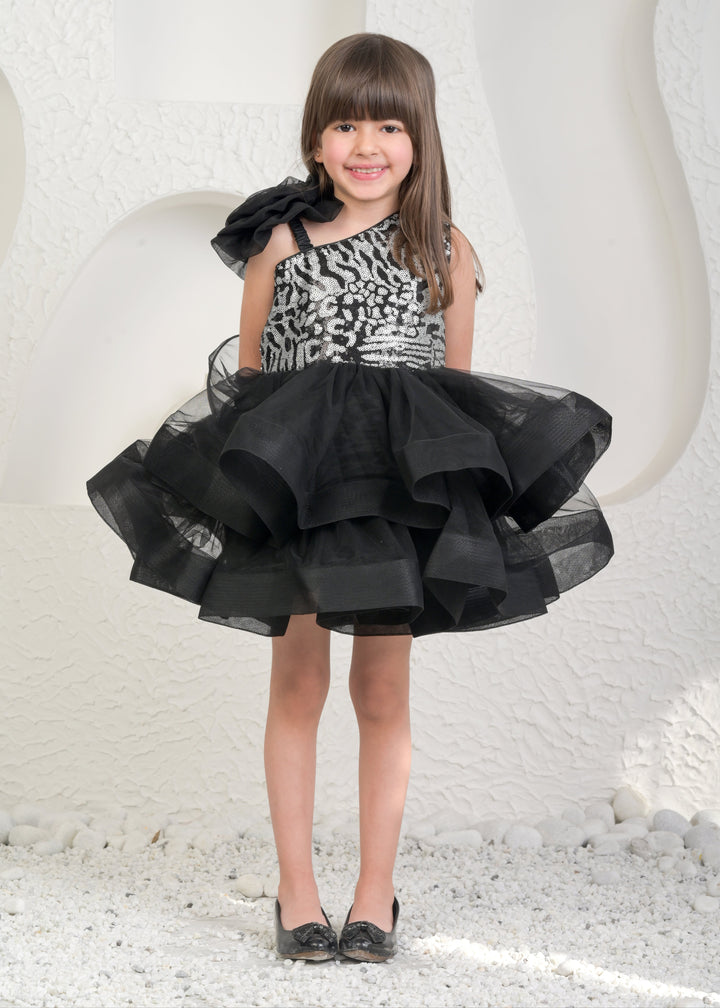 Evelyn Black Sequins One Shoulder Ruffle Dress