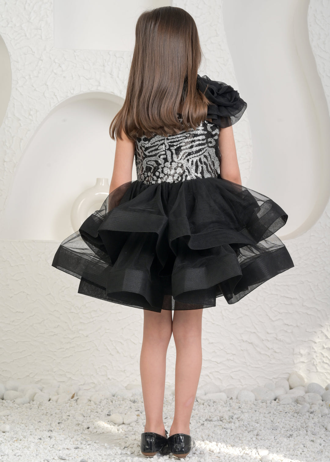 Evelyn Black Sequins One Shoulder Ruffle Dress