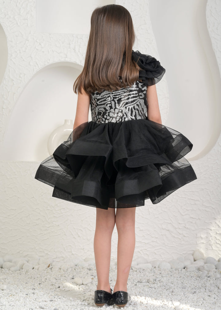Evelyn Black Sequins One Shoulder Ruffle Dress