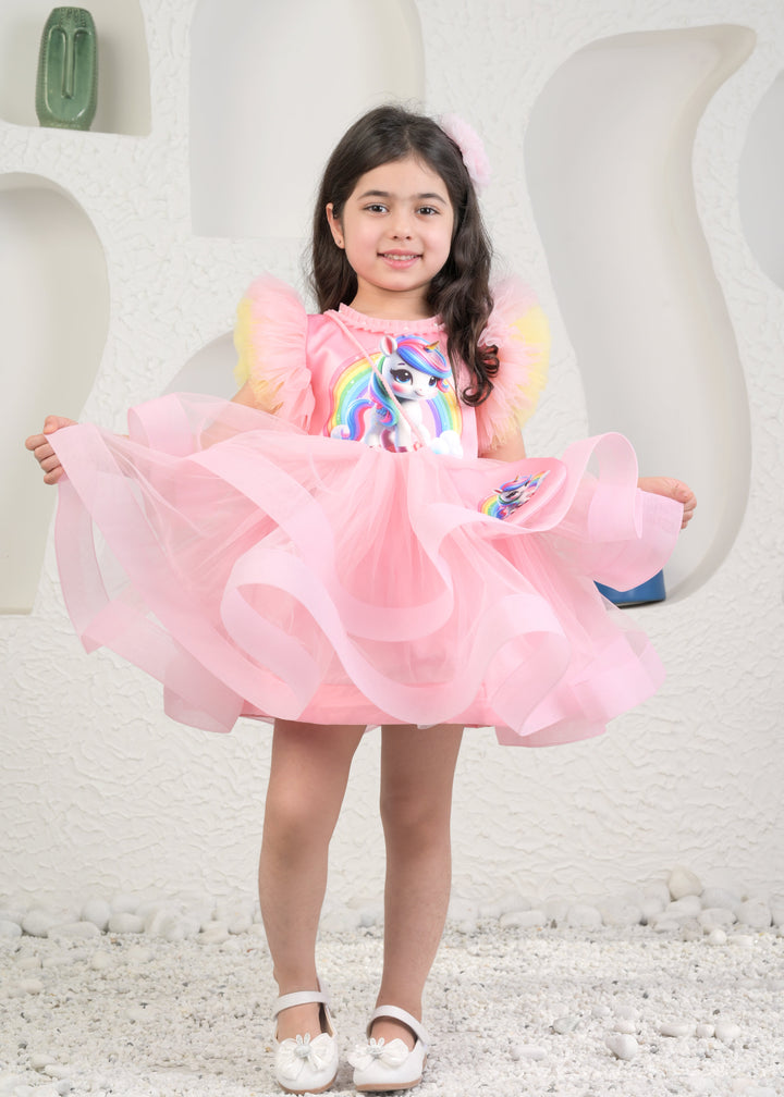 Amara Pink Unicorn Printed Ruffle Dress