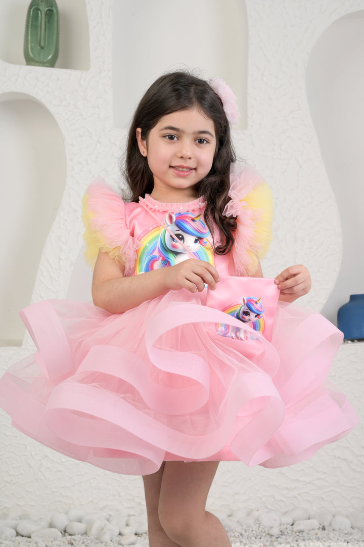 Amara Pink Unicorn Printed Ruffle Dress