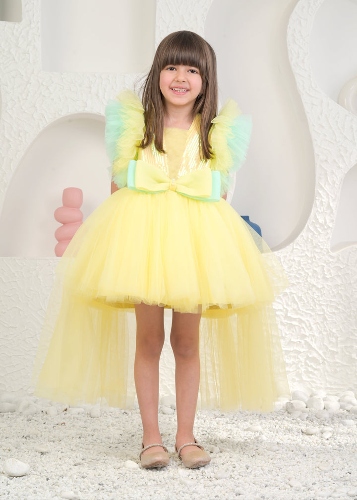 Angelica Yellow Net Sequins Bow Dress