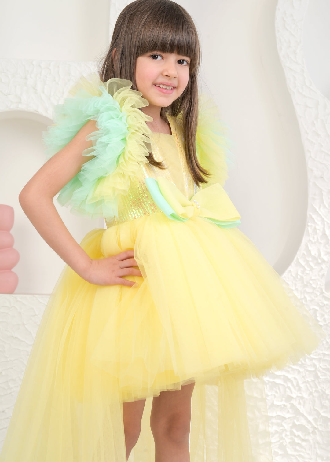 Angelica Yellow Net Sequins Bow Dress