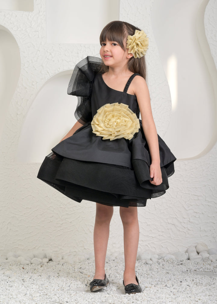 Black Golden Net One shoulder Flower Dress