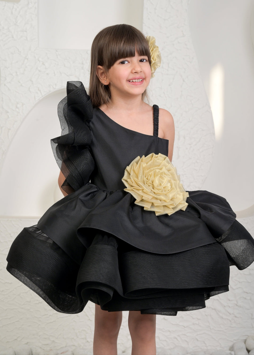 Black Golden Net One shoulder Flower Dress