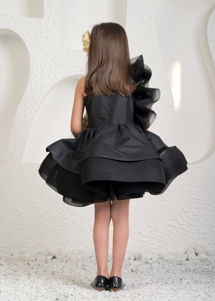Black Golden Net One shoulder Flower Dress