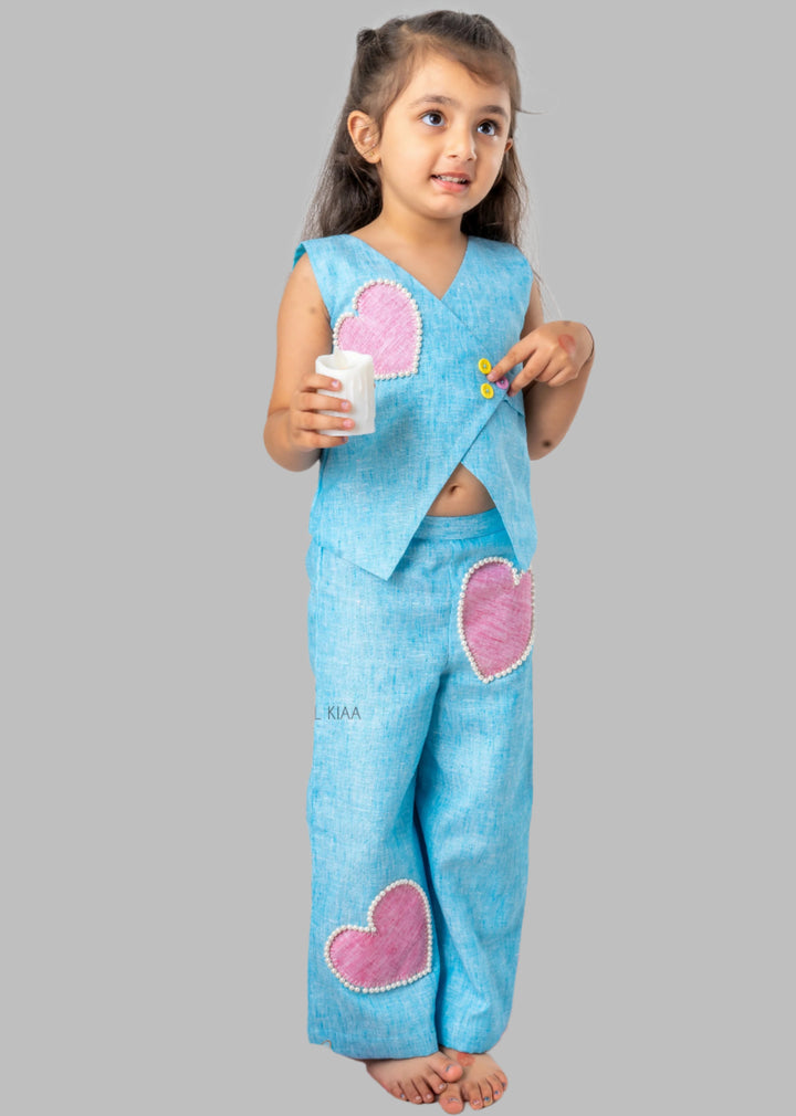 Blue Khadi Cotton Heart Waist Coord Set