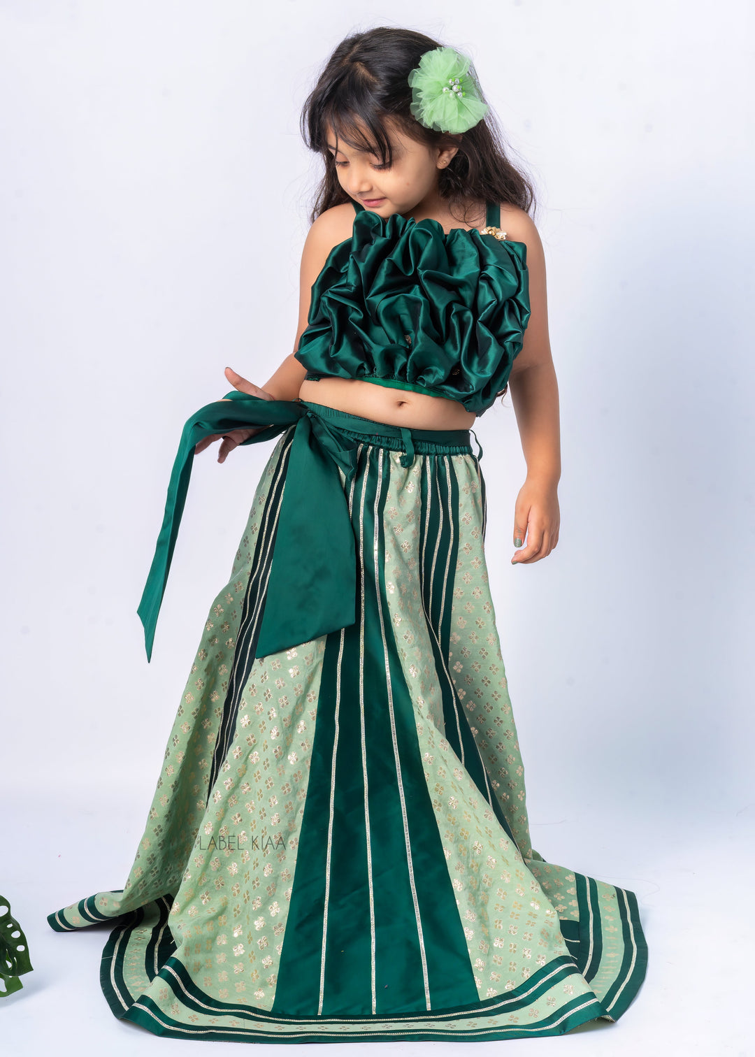 Green Puffy Blouse And Brocade Work Lehenga With Bow Belt Set