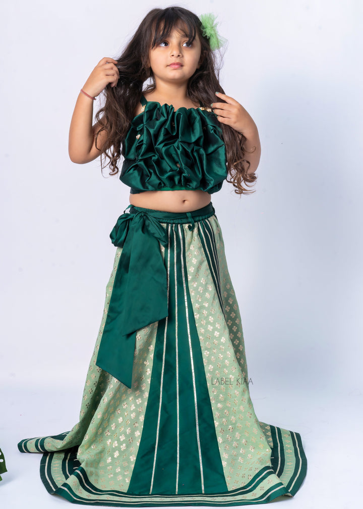 Green Puffy Blouse And Brocade Work Lehenga With Bow Belt Set