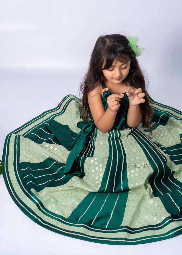 Green Puffy Blouse And Brocade Work Lehenga With Bow Belt Set