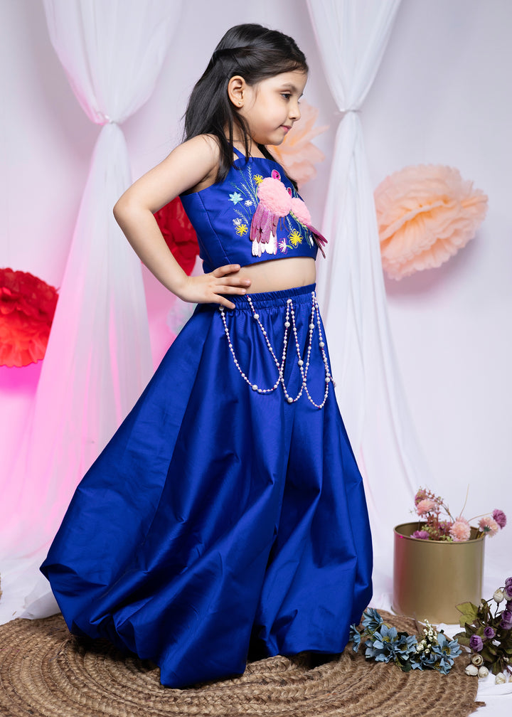Blue Taffeta Silk Top With Flamingo Balloon Lehenga Set