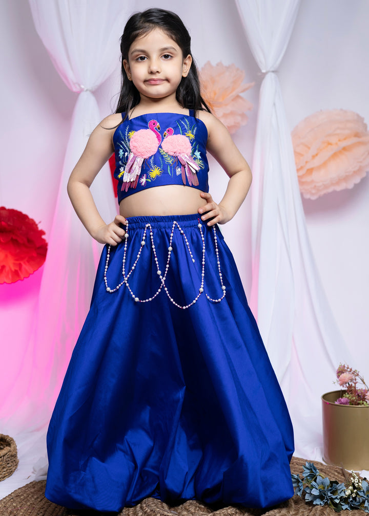 Blue Taffeta Silk Top With Flamingo Balloon Lehenga Set