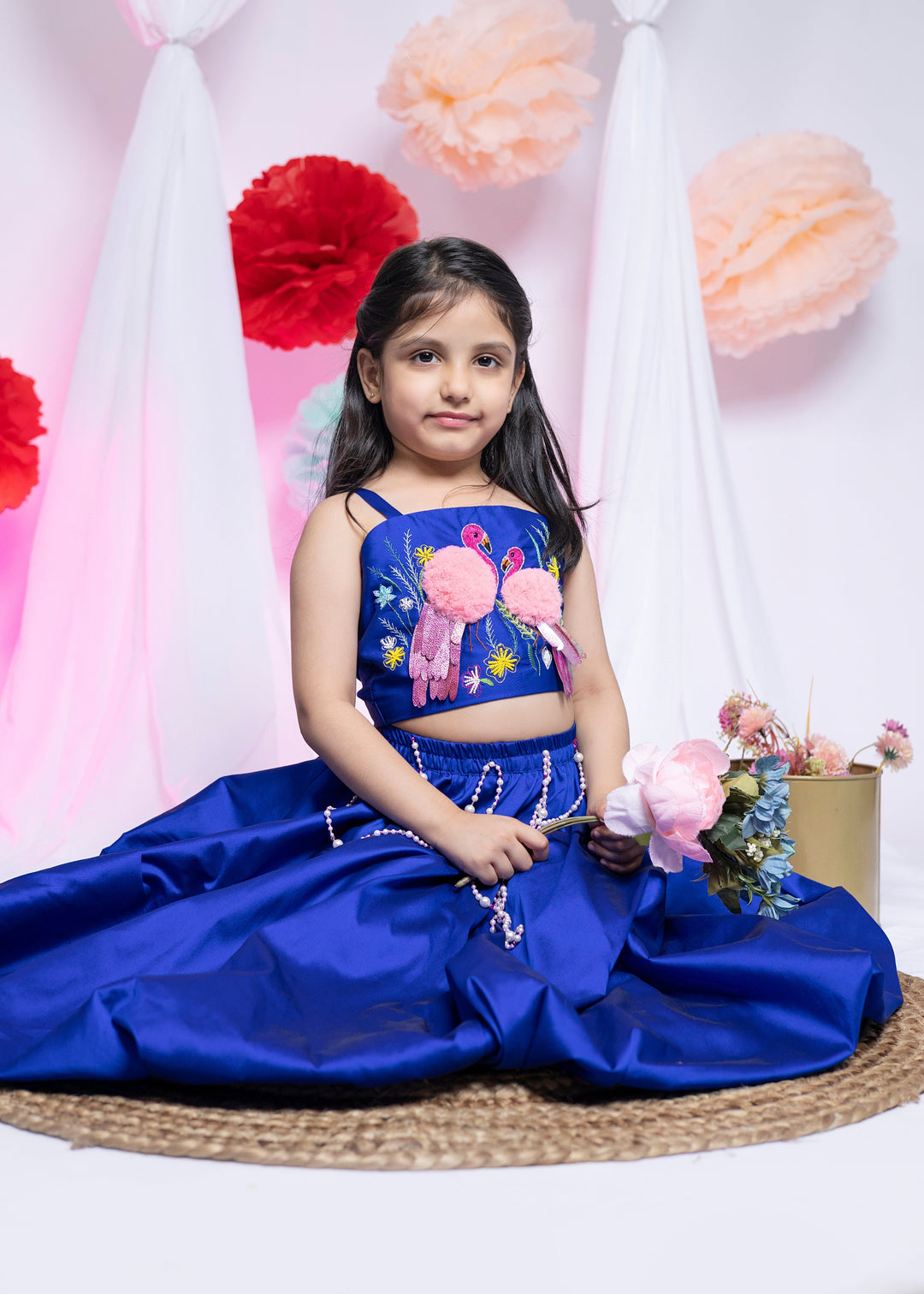 Blue Taffeta Silk Top With Flamingo Balloon Lehenga Set
