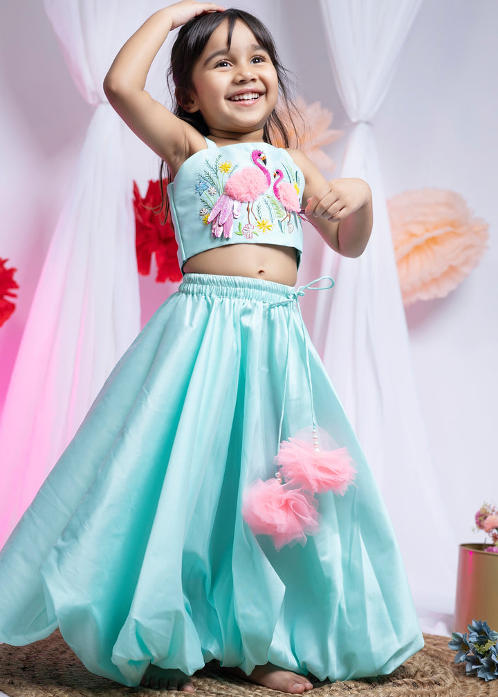 Sea green Taffeta Silk Top With Flamingo Balloon Lehenga Set