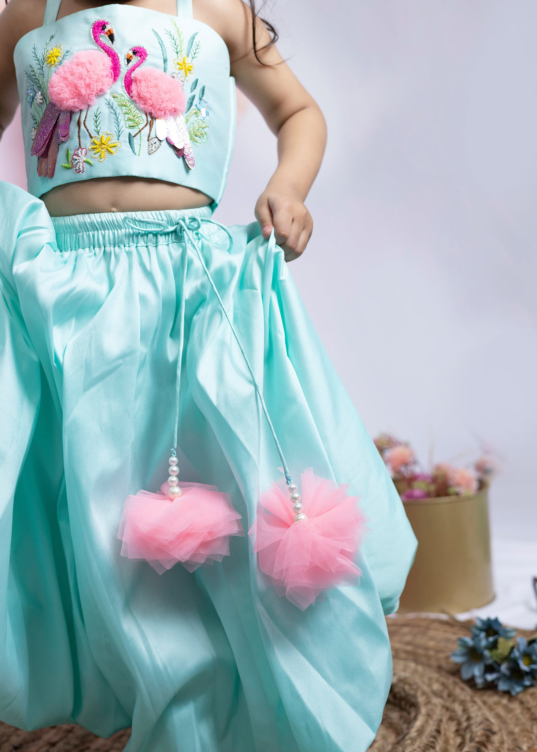 Sea green Taffeta Silk Top With Flamingo Balloon Lehenga Set