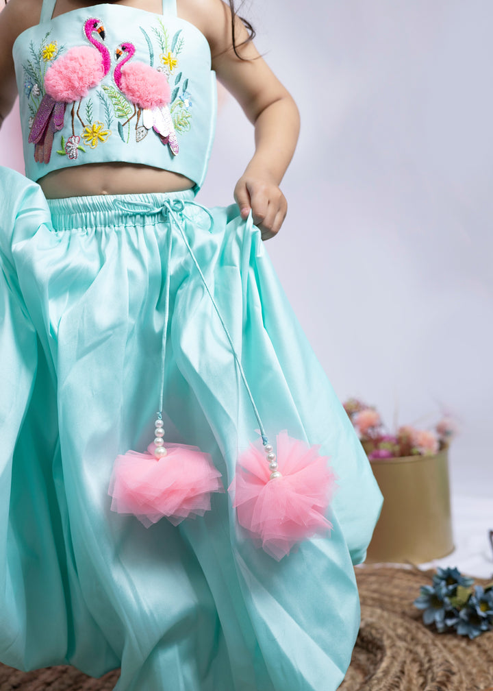 Sea green Taffeta Silk Top With Flamingo Balloon Lehenga Set