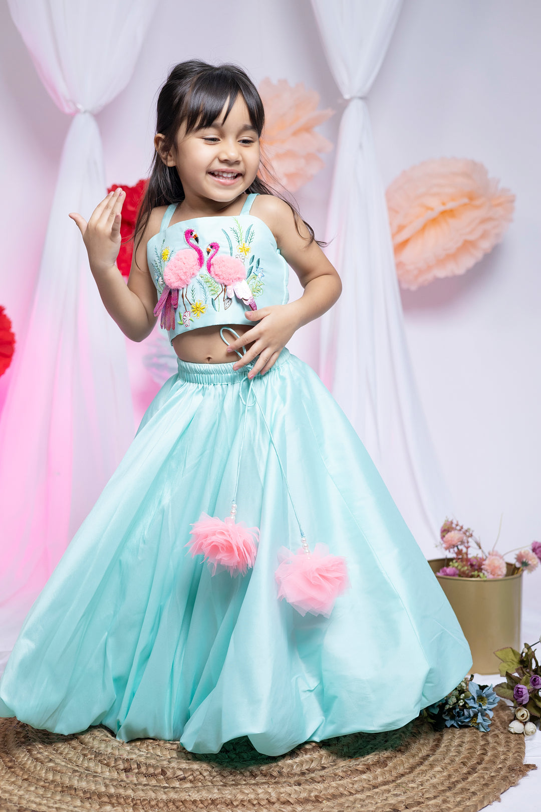 Sea green Taffeta Silk Top With Flamingo Balloon Lehenga Set