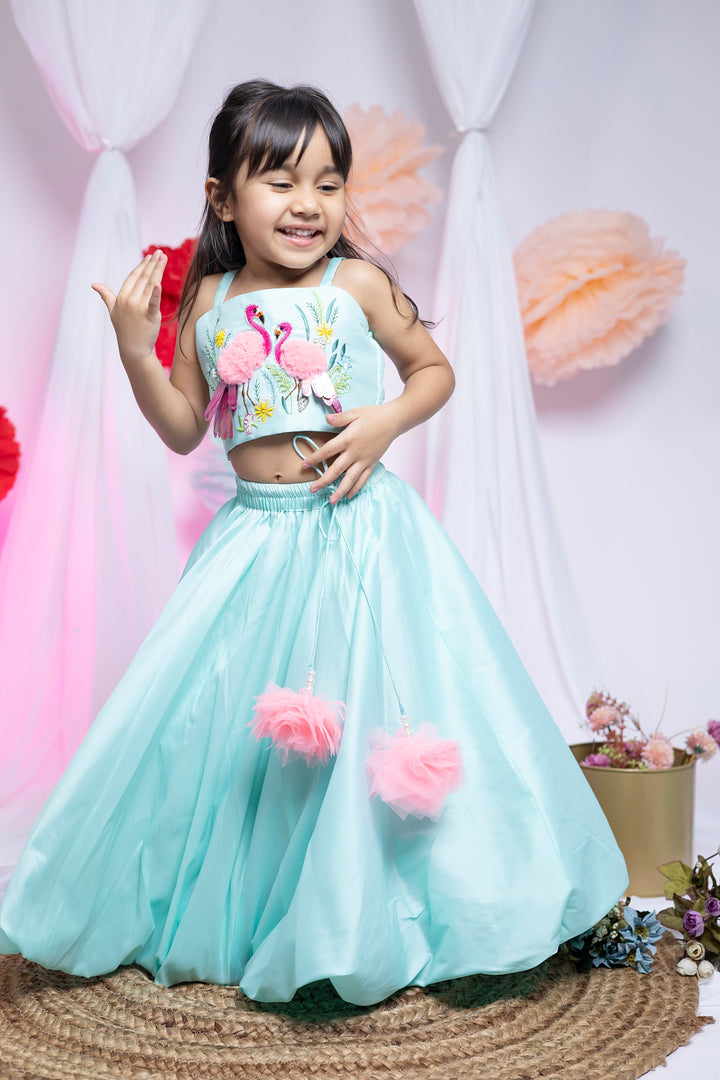 Sea green Taffeta Silk Top With Flamingo Balloon Lehenga Set