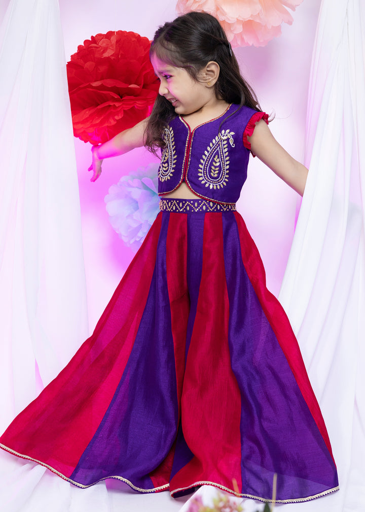 Purple And Pinkish Red Palazzo With Traditional Work Blouse Set