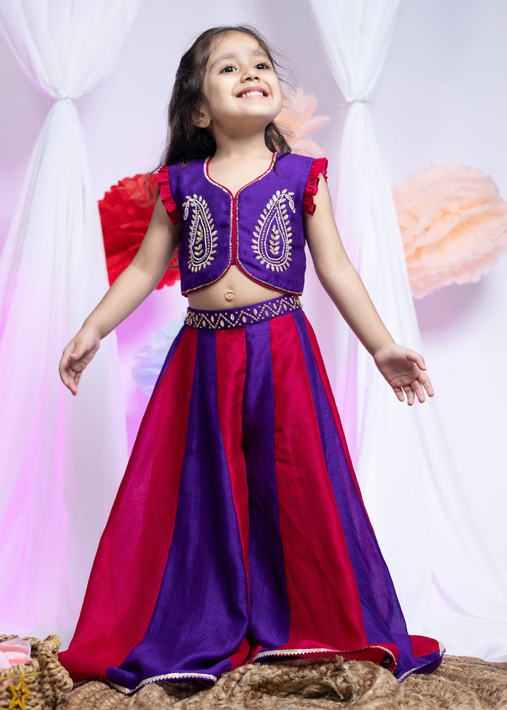 Purple And Pinkish Red Palazzo With Traditional Work Blouse Set