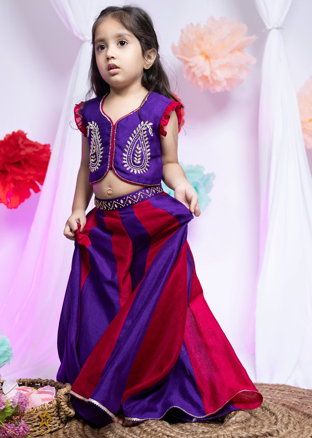 Purple And Pinkish Red Palazzo With Traditional Work Blouse Set