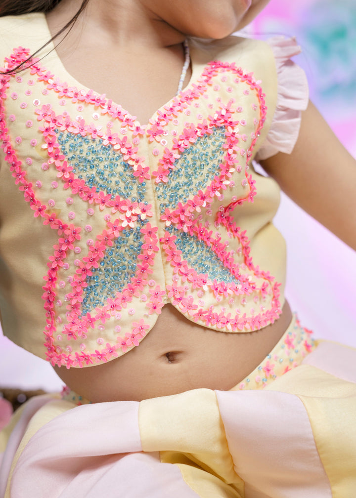 Yellow 3D Flower Sequin Butterfly Top And Palazzo Set