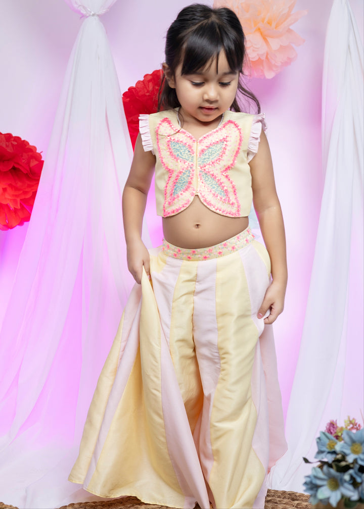 Yellow 3D Flower Sequin Butterfly Top And Palazzo Set