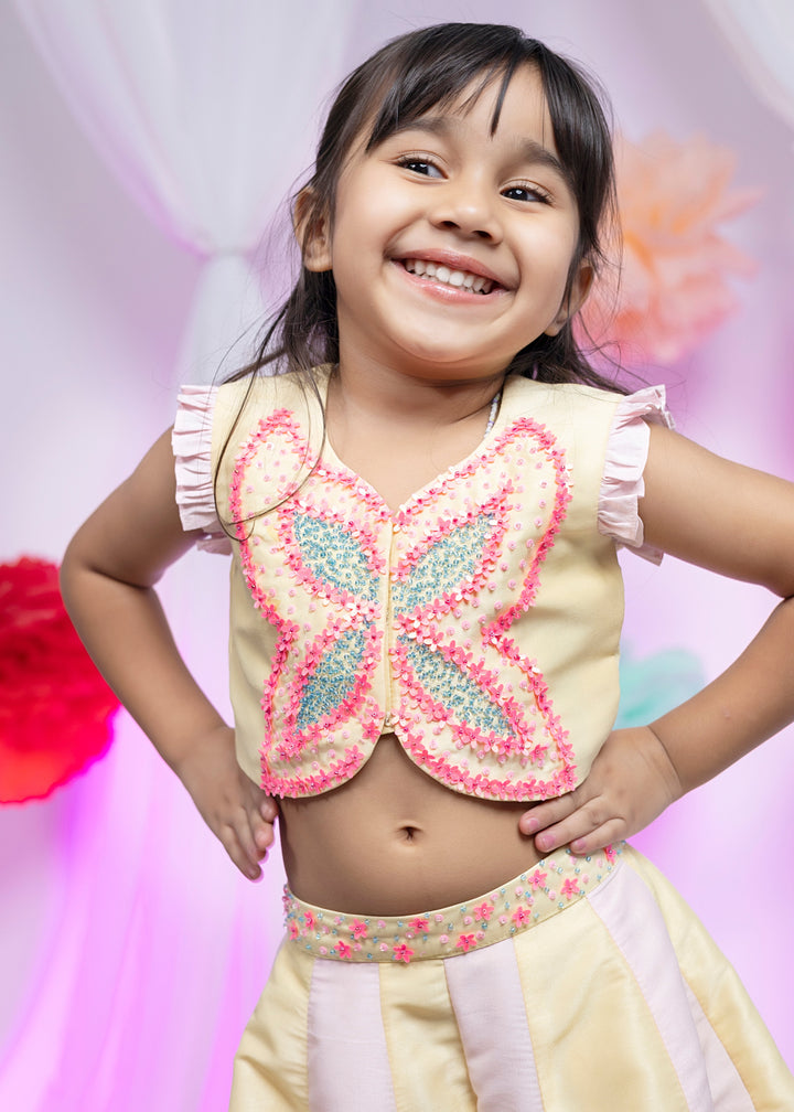 Yellow 3D Flower Sequin Butterfly Top And Palazzo Set