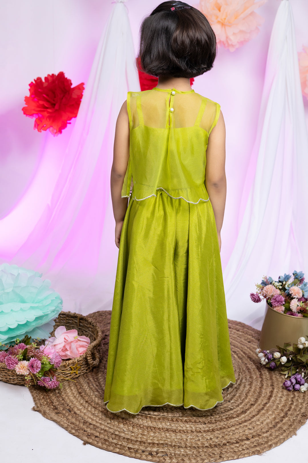 Green Organza Jacket With Pearl Sequin Work Top And Palazzo Set