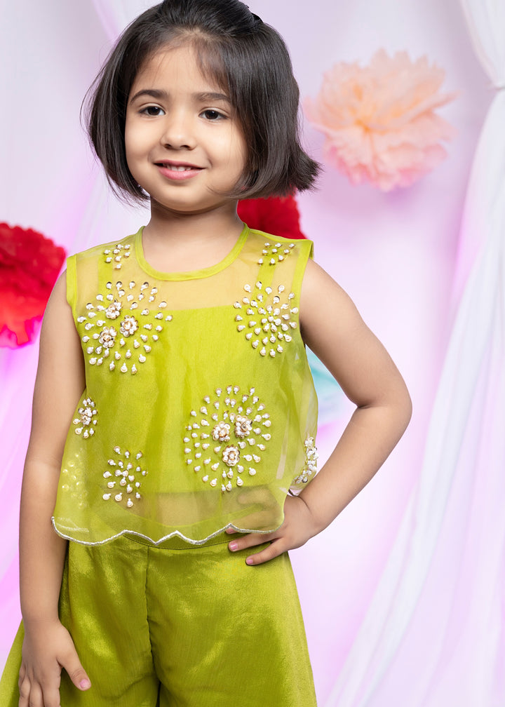 Green Organza Jacket With Pearl Sequin Work Top And Palazzo Set