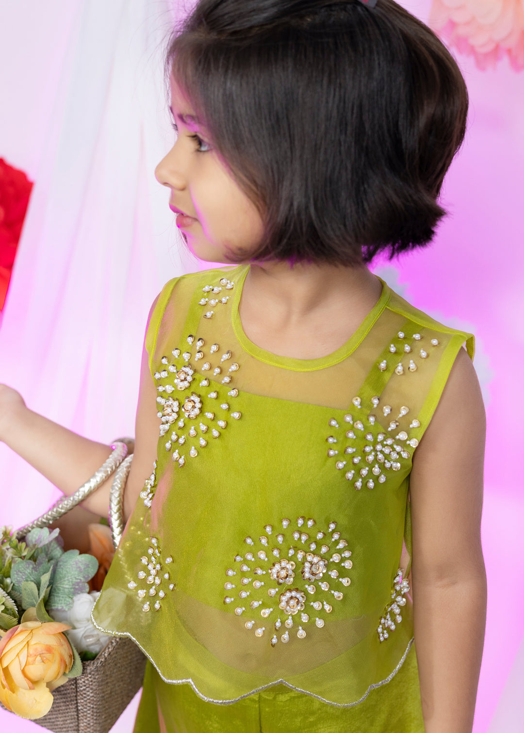 Green Organza Jacket With Pearl Sequin Work Top And Palazzo Set