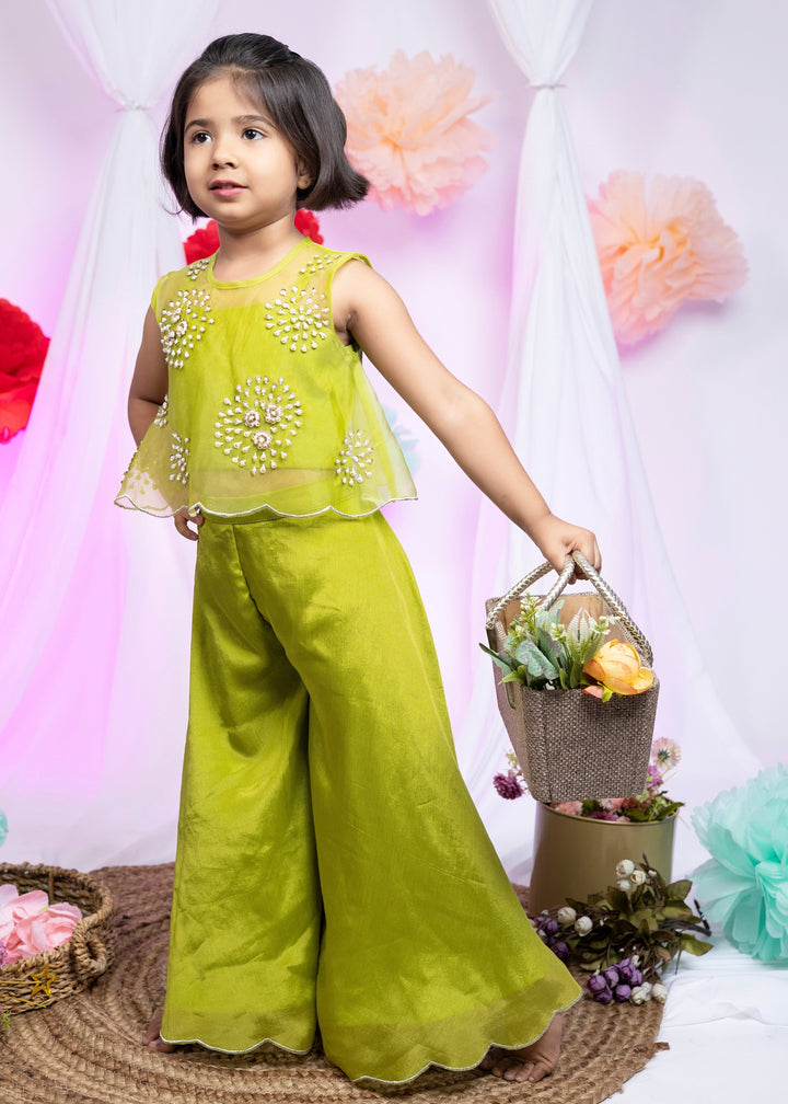 Green Organza Jacket With Pearl Sequin Work Top And Palazzo Set