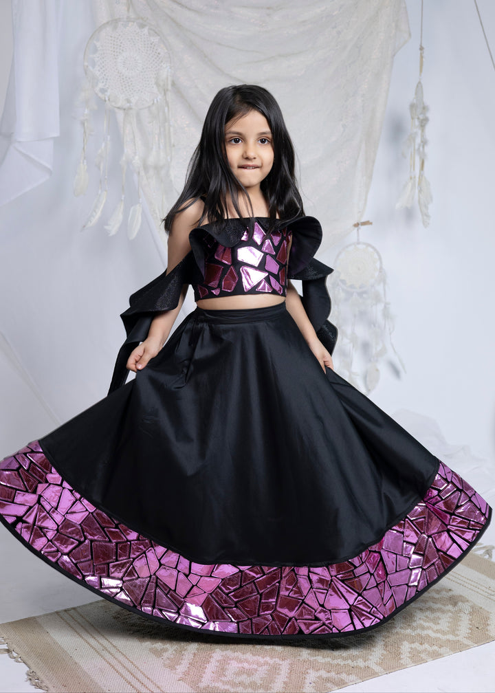 Black Faux Mirror Top With Glitter Sleeves Lehenga Set