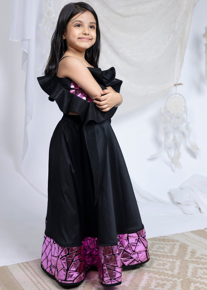 Black Faux Mirror Top With Glitter Sleeves Lehenga Set