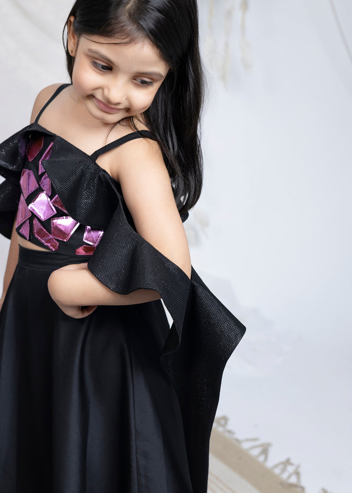 Black Faux Mirror Top With Glitter Sleeves Lehenga Set