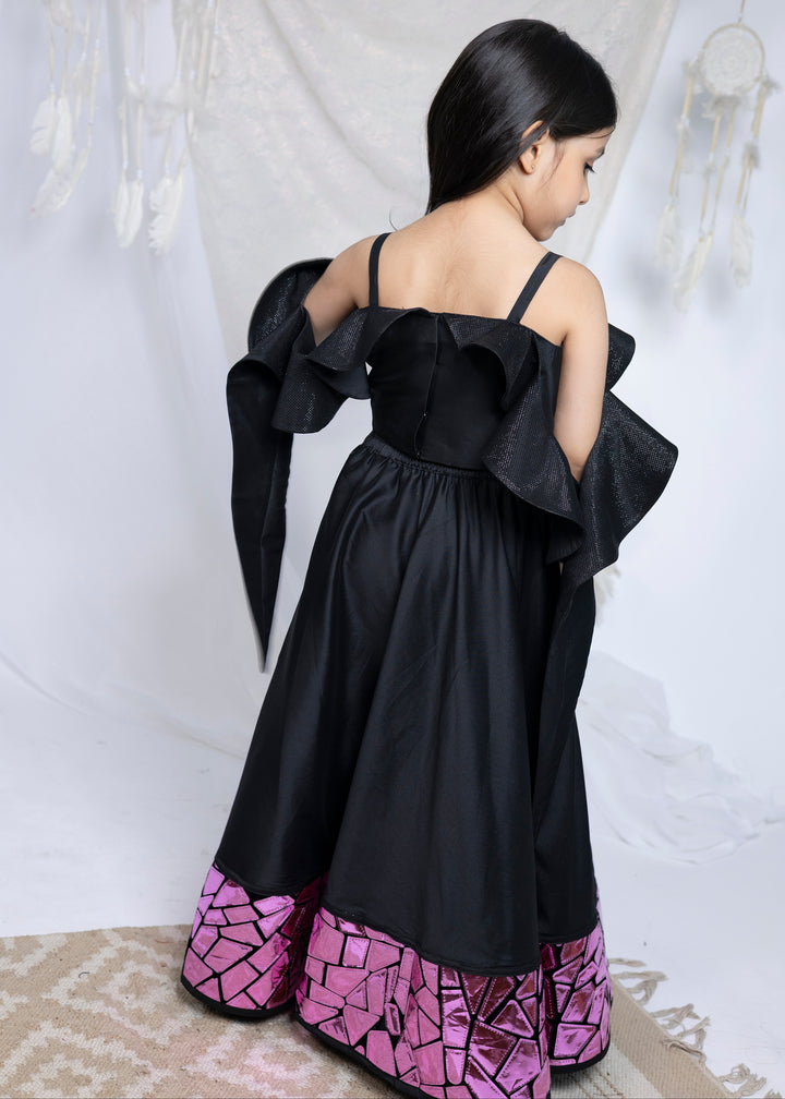 Black Faux Mirror Top With Glitter Sleeves Lehenga Set