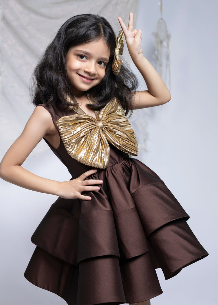 Brown Taffeta Silk Swirl With Golden Big Bow Dress