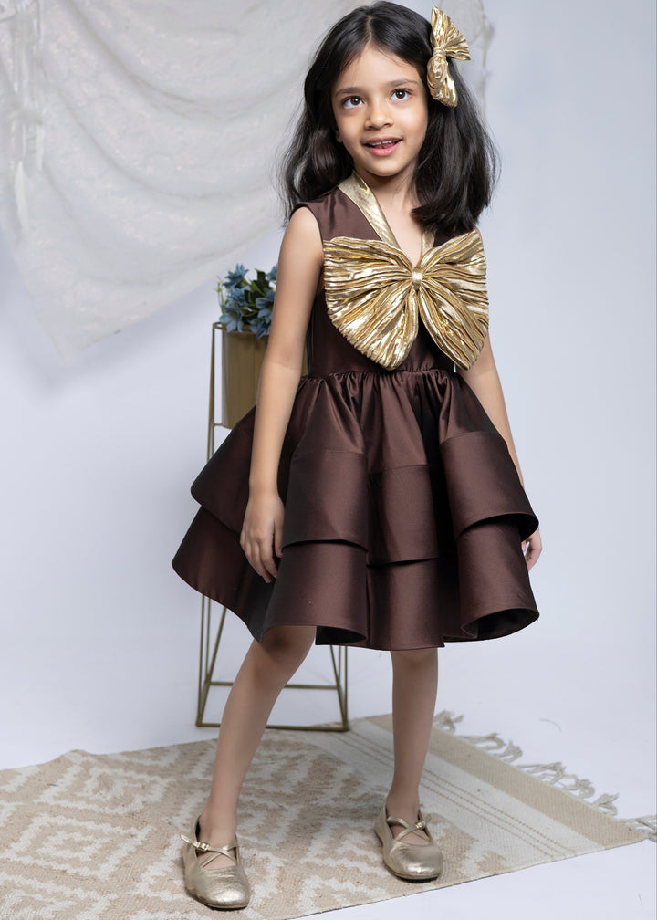 Brown Taffeta Silk Swirl With Golden Big Bow Dress